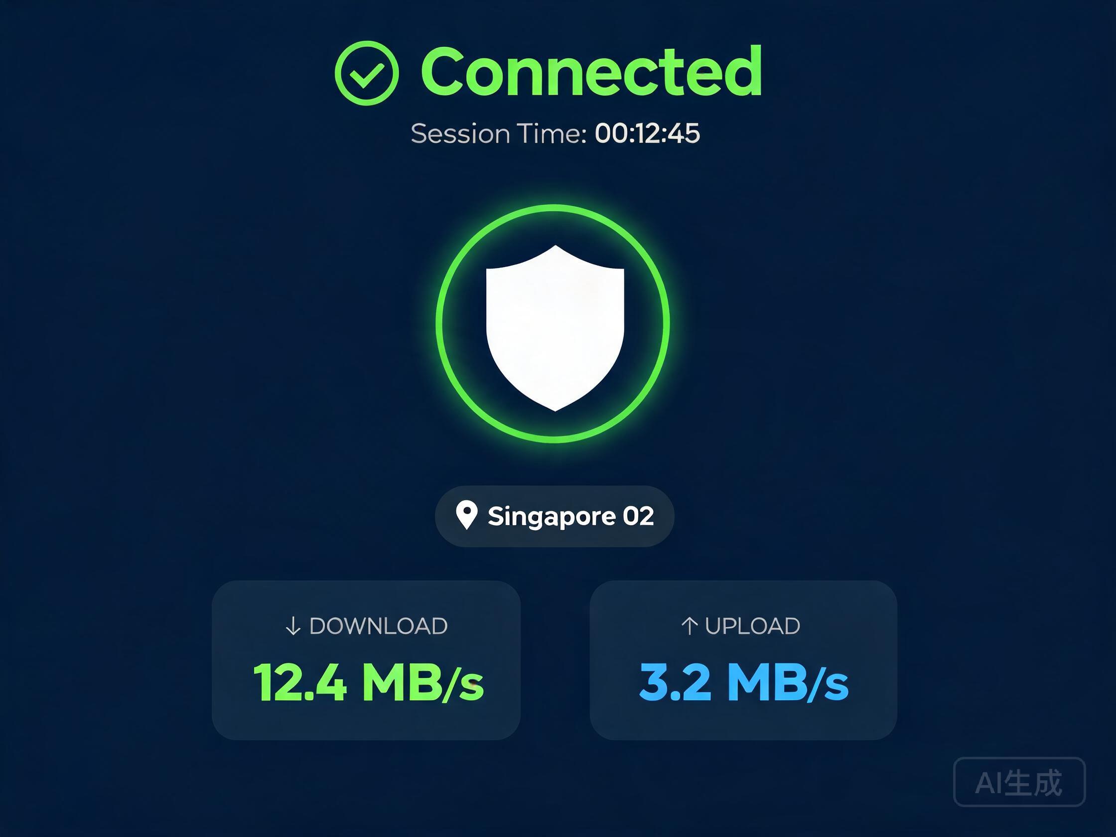 Illustrative mockup of the QuickQ connected state with session time and speed stats