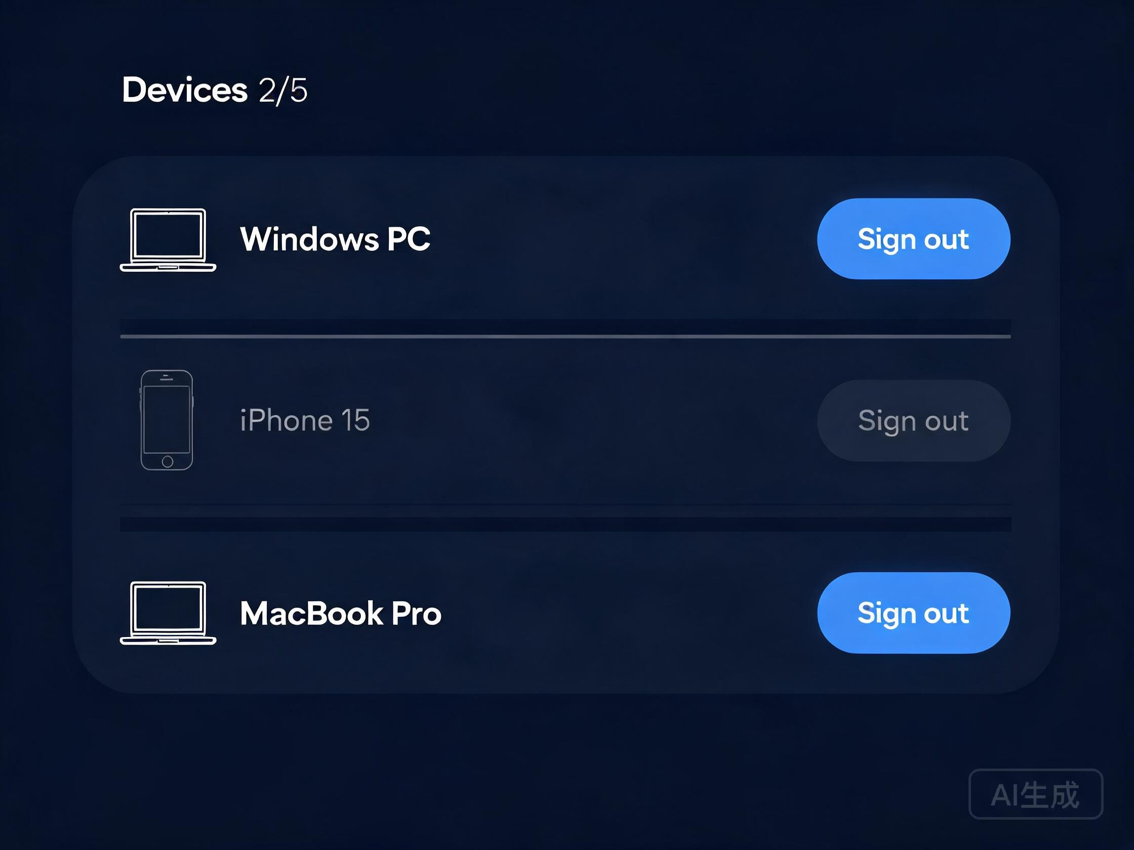 Illustrative mockup of the QuickQ device management list with sign-out buttons
