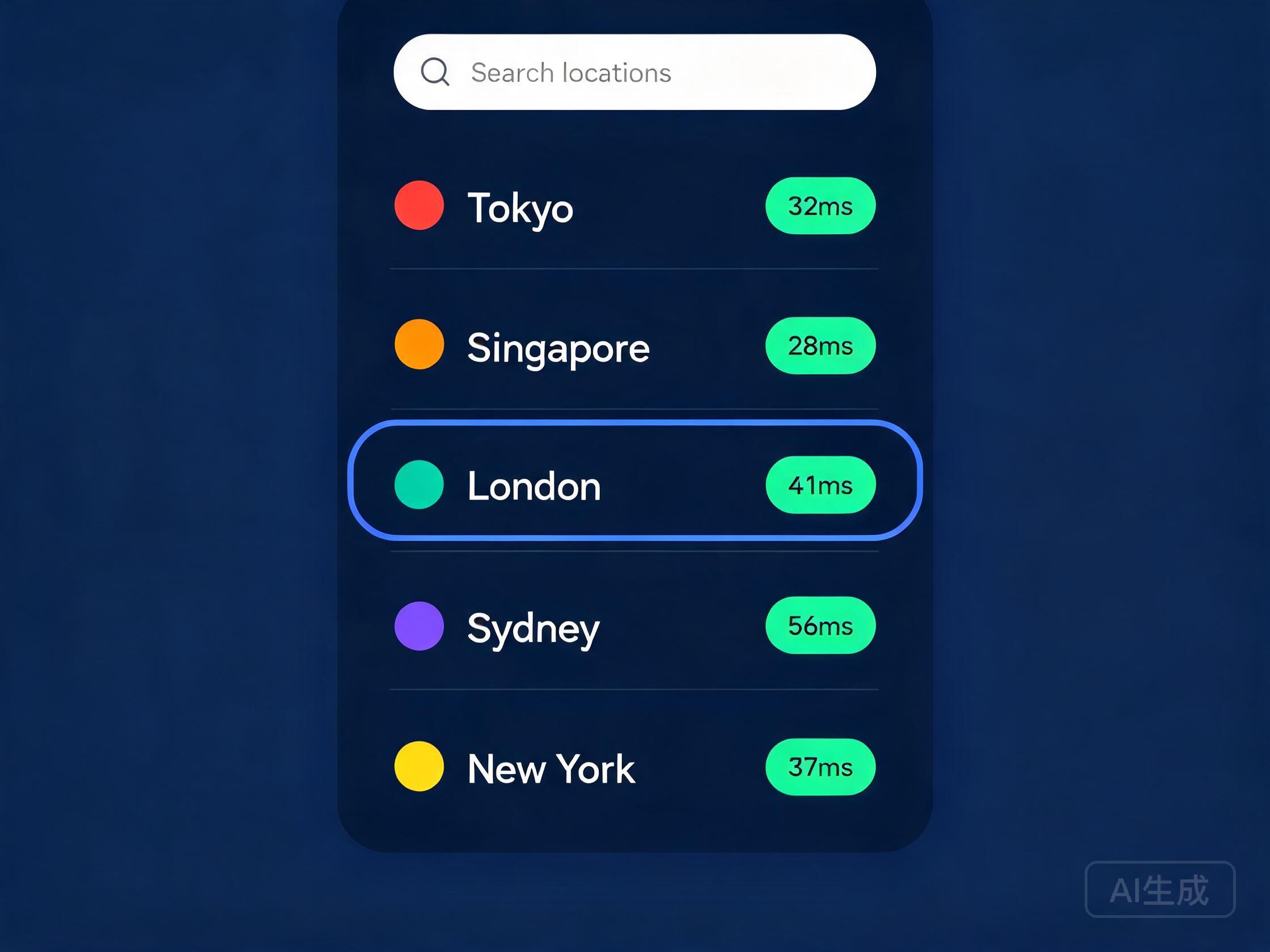 Illustrative mockup of the QuickQ route list with latency badges and a selected route